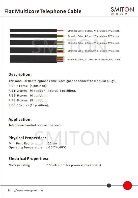 Flat Telephone Cord Pure Copper 4 Core Telephone Cable